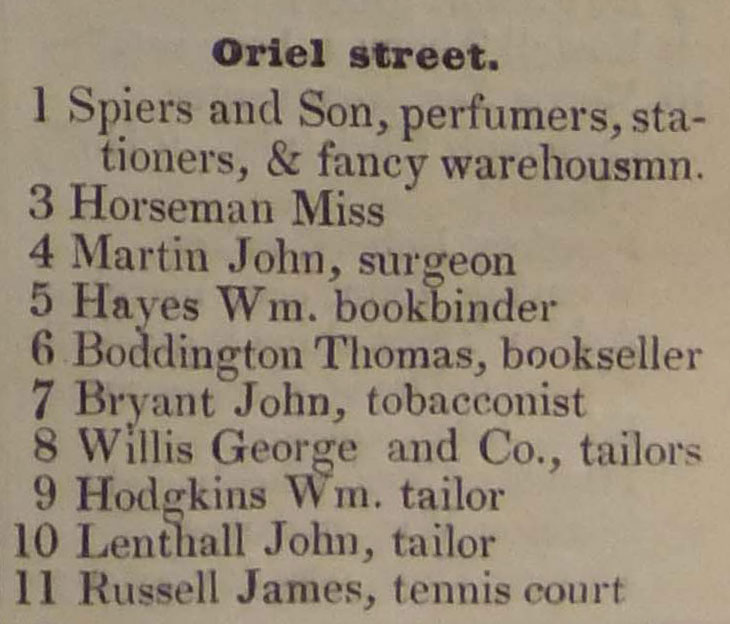 Oriel Street in Hunt's 1846 directory