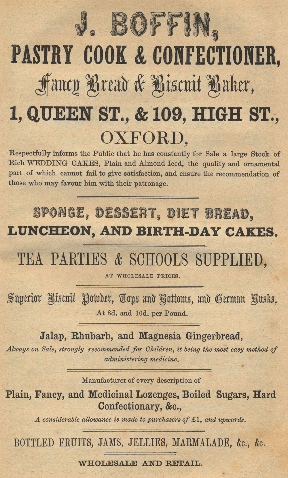 Boffin advertisement in Billings Directory for 1854
